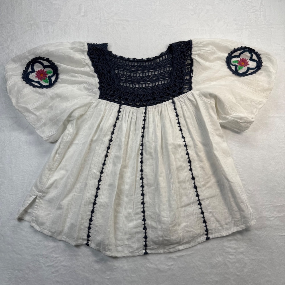 Cleobella White Peasant Blouse with Navy Crochet Yoke and Floral Embroidery